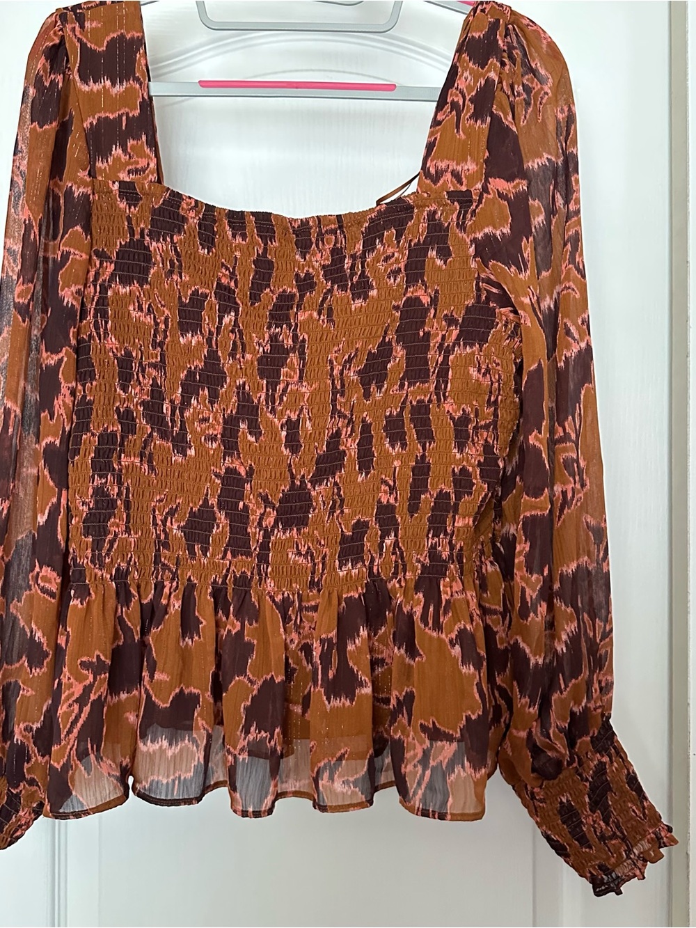 Nine West Brown and Pink Smocked Peasant Blouse